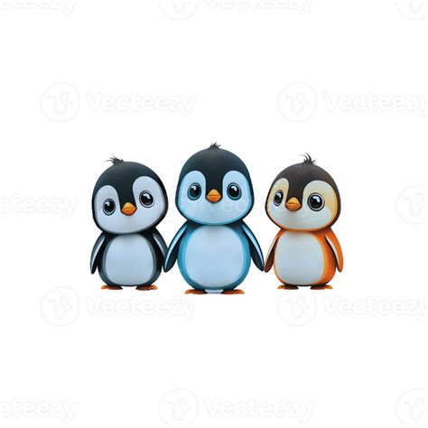 Portrait illustration of three cute baby penguins with different colors