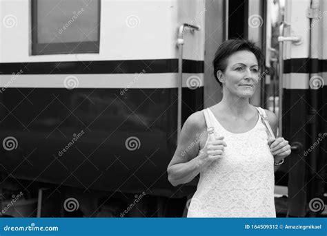 Mature Beautiful Scandinavian Tourist Woman At Railway Station Stock Photo Image Of Vintage