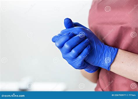 Female Doctor In Blue Medical Gloves Medical Safety Concept Stock