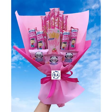 Jual S Buket Pink Cantik Pocky Tango Anniversary Bingkisan Snack