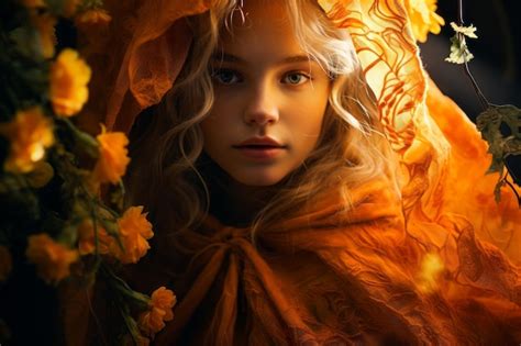 Premium AI Image A Beautiful Blonde Woman In An Orange Cloak
