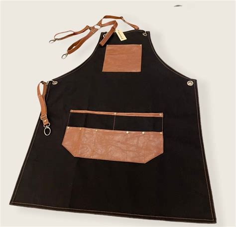 Utility Apron Heavy Duty Black Cotton Canvas With Brown Faux Leather