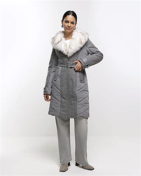 Grey Faux Fur Collar Belted Jacket River Island