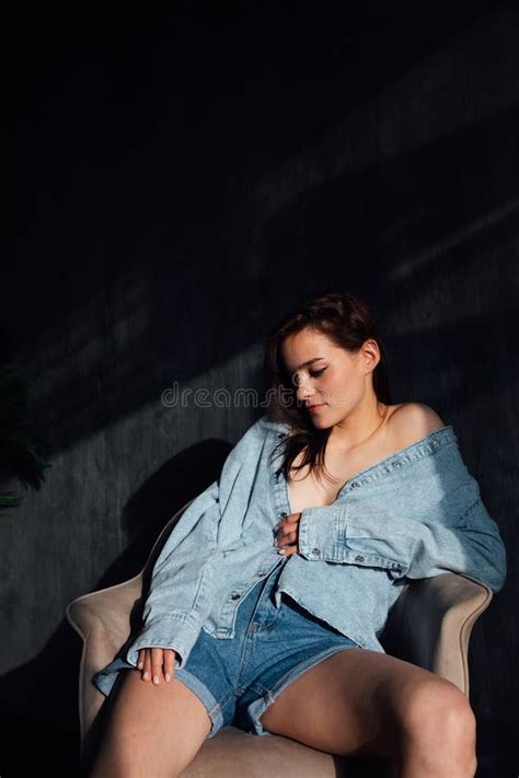 Beautiful Slim Brunette Woman In Denim Jacket Portrait Stock Image Image Of Leggings Happy