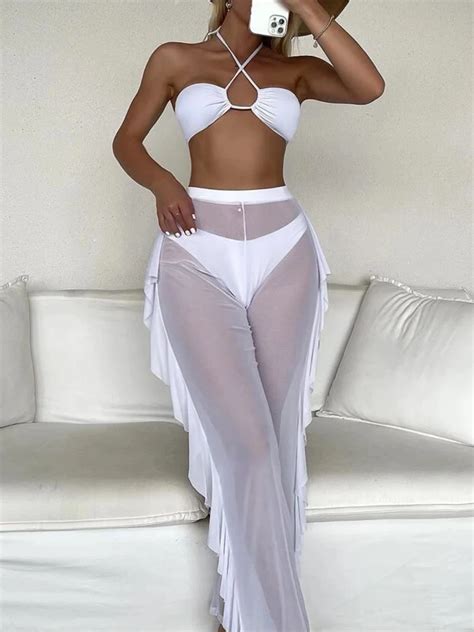 Bikini Cruzado Con Cuello Halter Para Mujer Ba Ador Sexy Con Pantalones Finos Traje De Ba