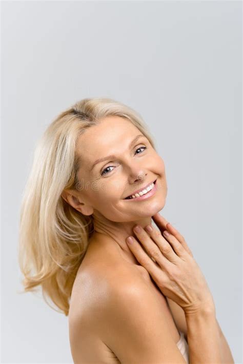 Vertical Portrait Of Sensual Half Naked Middle Aged Beautiful Blonde Woman Stock Photo Image