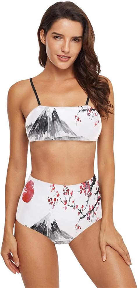 Funnyy Japan Japanese Sakura Flower Fuji Two Piece Bikini Swimsuit Swimwear Beach Suits Bathing
