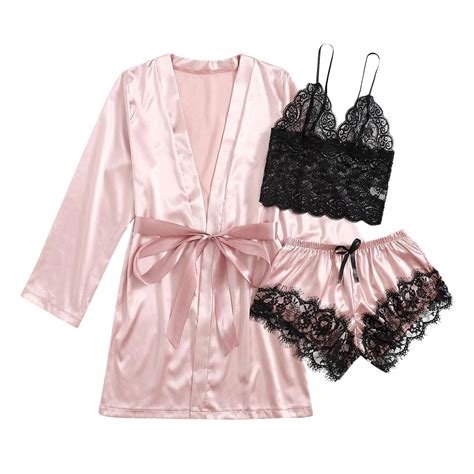 ASFGIMUJ Women Silk Satin Pajamas Set Pcs Lingerie Floral Lace Sleepwear With Robe Size S