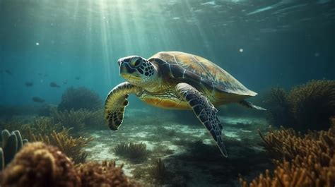 Premium Photo | A green sea turtle swims past a coral reef.