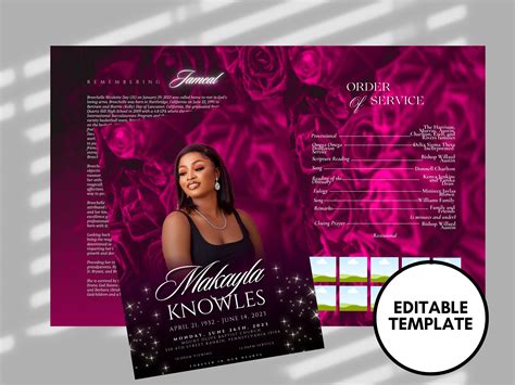 8.5x 11 PINK Obituary Template 4 Pages dark Pink Style Funeral Program