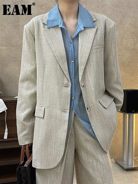 Eam Women Linen Color Big Size Casual Blazer New Lapel Long Sleeve