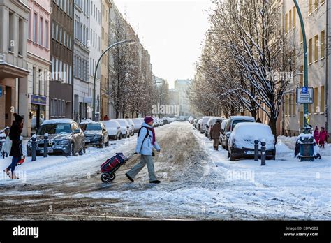 Berlin City Street After Snow In Winter Apartment Buildings Snow