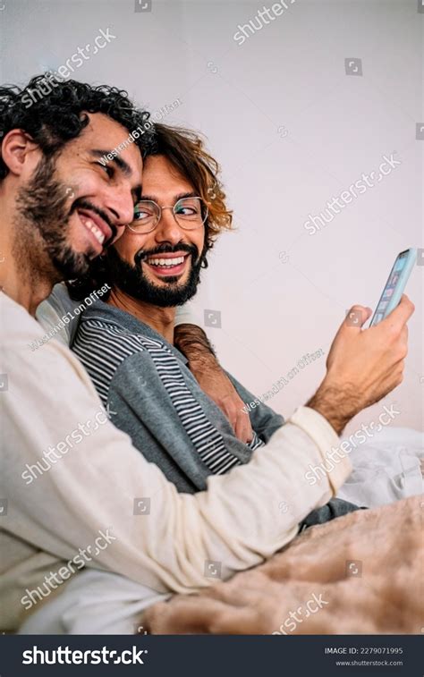 Happy Gay Couple Mobile Phone Home Stock Photo Shutterstock