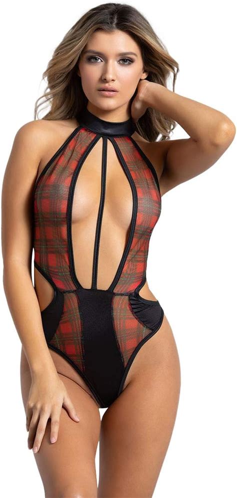 Amazon Yandy Women T Strap Choker Bodysuit Racerback Teddy Lingerie Black Plaid Medium