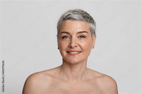 Beauty Portrait Of Smiling Nude Middle Aged Woman With Short Haircut Photos Adobe Stock