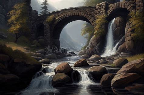 Stone Bridge Over Rushing River, with Waterfalls in the Background Stock Illustration ...