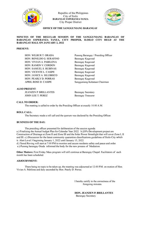 minutes   regular session  barangay esperanza tanza feb