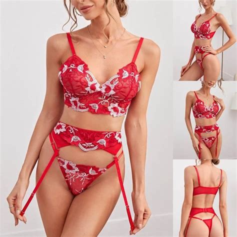 Mesdames Lingerie Sexy Brodé Ensemble De Lingerie Sling En Maille Mignonne ZUIHAO Rouge