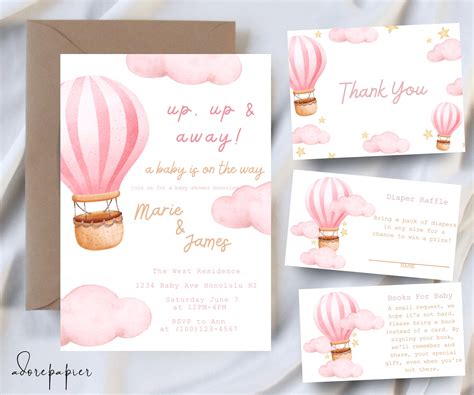 Editable Hot Air Balloon Baby Shower Invitation Bundle For Baby Girl Etsy