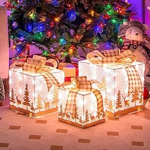 COSTWAY 3er Set LED Geschenkboxen Weihnachtenboxen mit 100 warmweißen