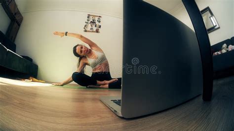 Flexible Woman Attends An Online Yoga Class At Home Stock Footage Video Of Brunette Lesson