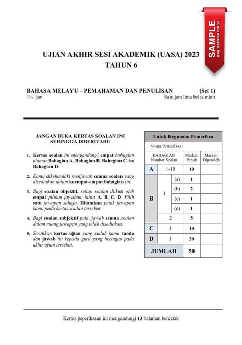 3 Set Kertas Ujian Akhir Sesi Akademik Bahasa Melayu Tahun 6 Uasa Sesi