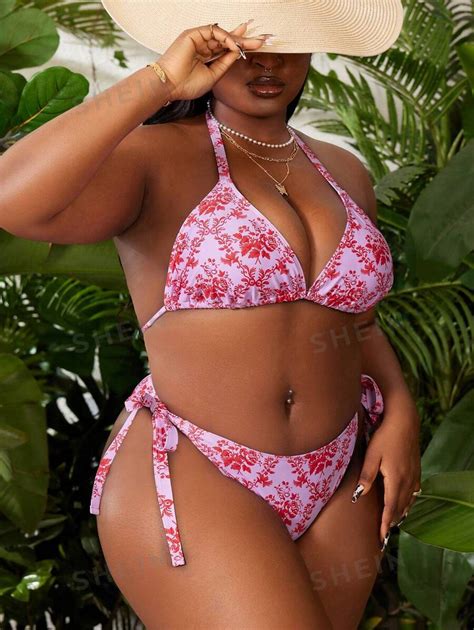 Shein Swim Vcay Summer Beach Plus Size Holiday Beach Flower Printed Halter Bra Bikini Bottom