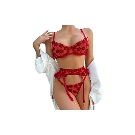 Aranmei Lingerie Set Da Donna Pezzi Ricamato Reggiseno E Mutandine Con Volant Reggicalze
