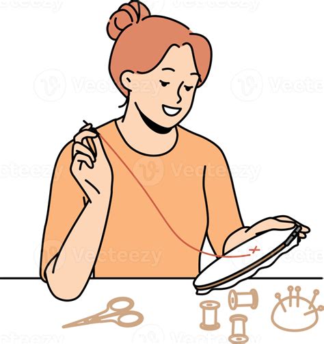 Smiling Woman Embroidering At Home 21468902 Png