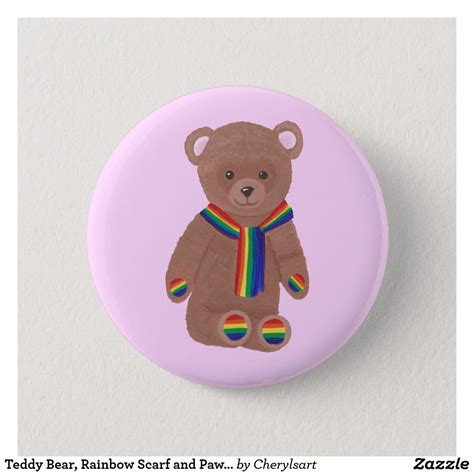 Teddy Bear Rainbow Scarf And Paws Gay Buttons Zazzle