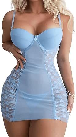 Shenhe Women S Heart Mesh Babydoll Lingerie Ruched Slips Sleepwear With Thong At Amazon Womens