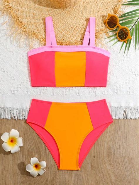 Conjunto de bikini de bloques de color para niña preadolescente verano playa Moda de Mujer