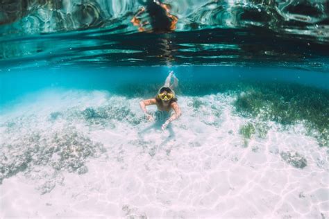 Naked Woman With Mask Swimming And Dive In Tropical Ocean Underwater Photo With Woman Stock