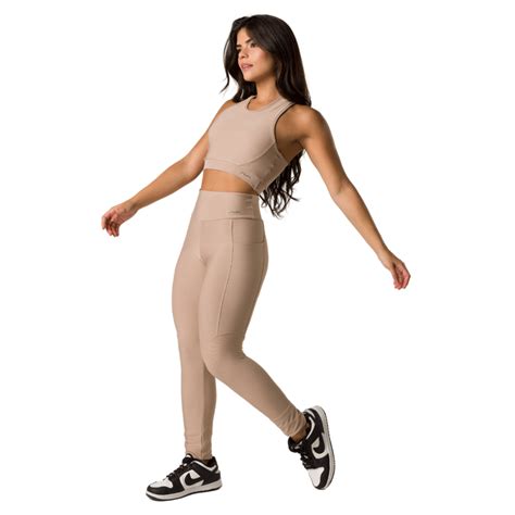 Conjunto Feminino Top Nadador E Legging Bolso Lateral Tecido Canelado Nude AVA Fitness Shopee