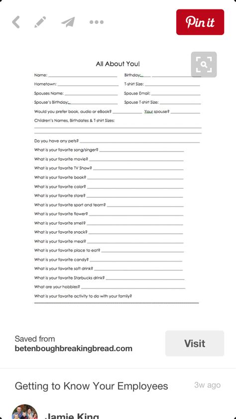 Printable Getting To Know Your Employees Questionnaire Template