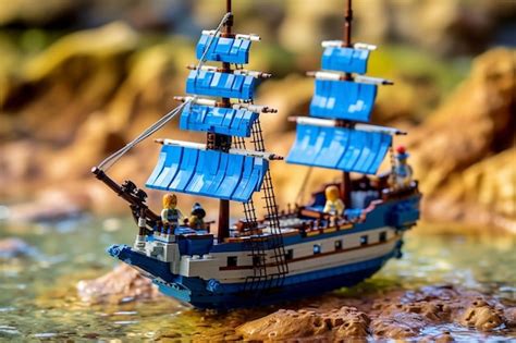 Premium Ai Image A Lego Pirate Ship Sailing On A Sea Of Blue Bricks