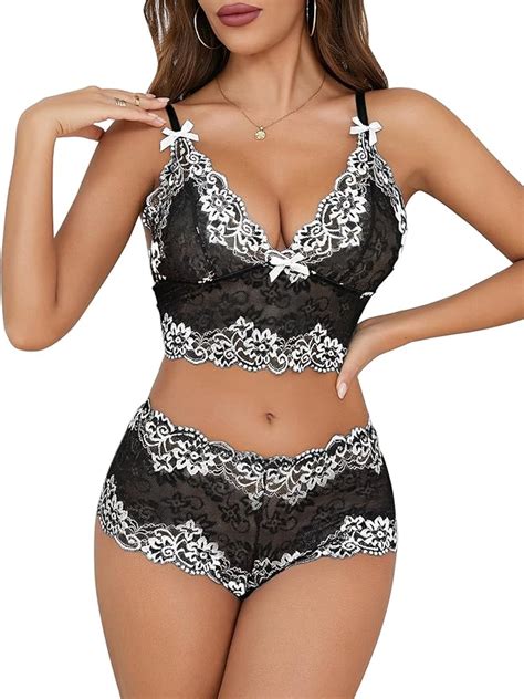 Amazon Lilosy Sexy Women Lace Pajamas Lingerie Set High Waist Sheer Sleepwear Bow Ties Cami