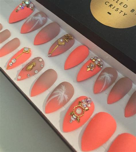 Nude To Neon Summer Stiletto Press On Nails Real Swarovski Gold Accents Handpainted Palm