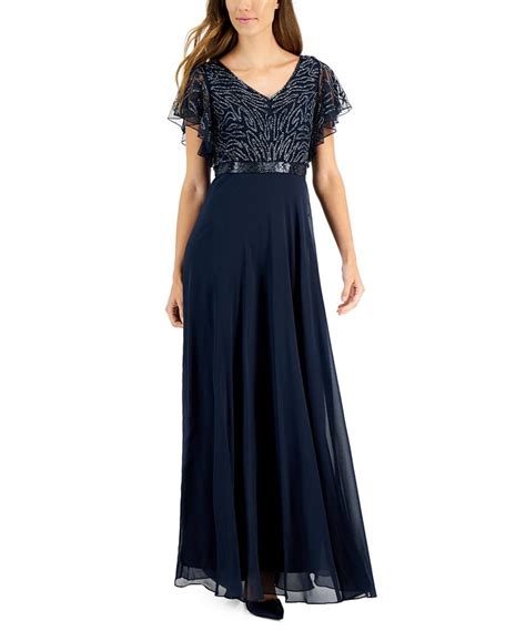 J Kara Womens V Neck Beaded Bodice Flutter Sleeve Gown Macys