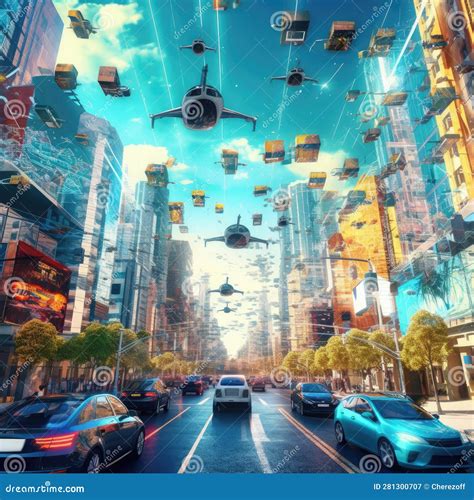 The City of the Future with Flying Cars Stock Illustration