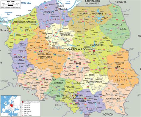 large political  administrative map  poland  roads cities  airports poland