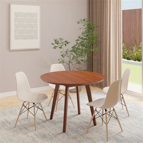 Conjunto Mesa de Jantar Redonda Vértice cm Nozes Cadeiras Eames Eiffel Nude