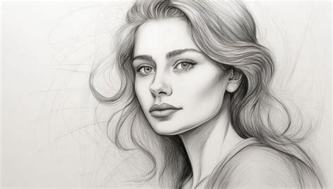 Black And White Sketch Drawing Of A Beautiful Woman With Long Flowing