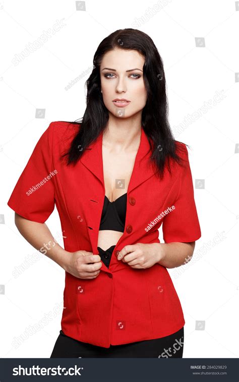 Sexy Brunette Woman Undress Red Suit Stock Photo 284029829 Shutterstock