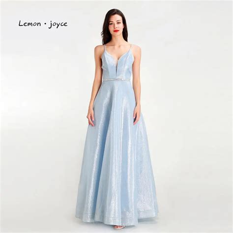 Lemon Joyce Light Blue Prom Dresses 2020 Sexy V Neck Backless Simple