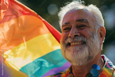 Powerful Shot Of Happy Senior Gay Man With Rainbow Flag During Gay Pride Event Pride Day June
