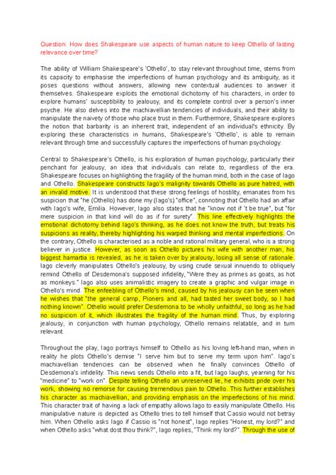 Othello - Essay - Question: How does Shakespeare use aspects of human