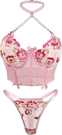 Amazon ZTIANEF NaughtyPink Sexy Mesh Pearl Chain Halterneck Erotic Lingerie Three Point Set