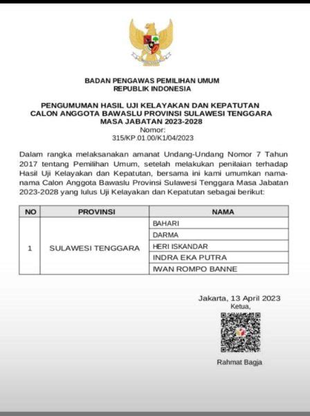 Komisioner Bawaslu Sultra Diumumkan Ada Incumbent Dan Anggota Kpu