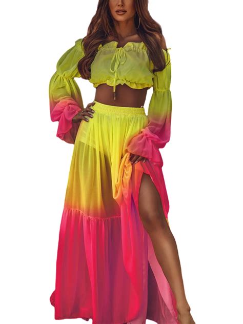 Tffr Women Mesh Sheer Bikini Cover Ups Set See Through Long Sleeve Crop Tops Skirts Swimwear